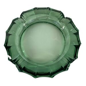 Vintage Emerald Green Glass Ashtray Round Faceted Mid Century Modern Decor 6.25"